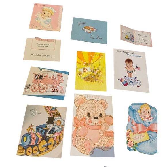 VTG Welcome New Baby Card Announcement Greeting Stork Boy Girl Just Arrived USED - Picture 3 of 7